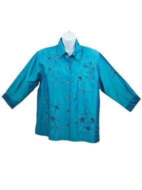 Bleu Bayou Silk Shirt L Starburst Sequin Cyber Y2K Whimsigoth Blouse Embroidered